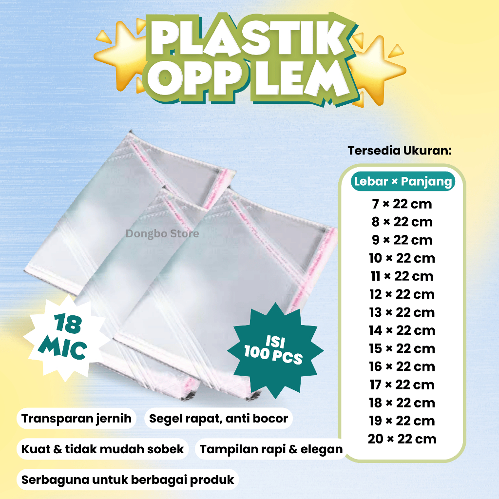 (Bisa Mix Ukuran Isi 100 pcs) PLASTIK OPP LEM TIPIS 7X22, 8X22; 9X22; 10X22; 11X22; 12X22; 13X22; 14
