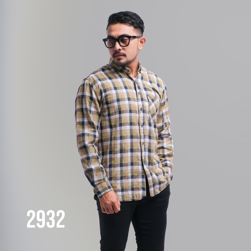 DGM Kemeja Flanel Pria Lengan Panjang Kuning Kotak Putih dan Navy Kemeja Pria Flanel Pria Kemeja Pan