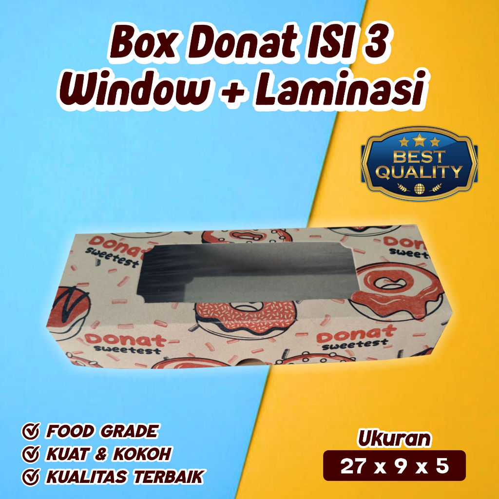 

Box/Dus Donat Isi 3 Ukuran 27x9x5 cm Kraft Tebal | Window + Laminasi Dalam