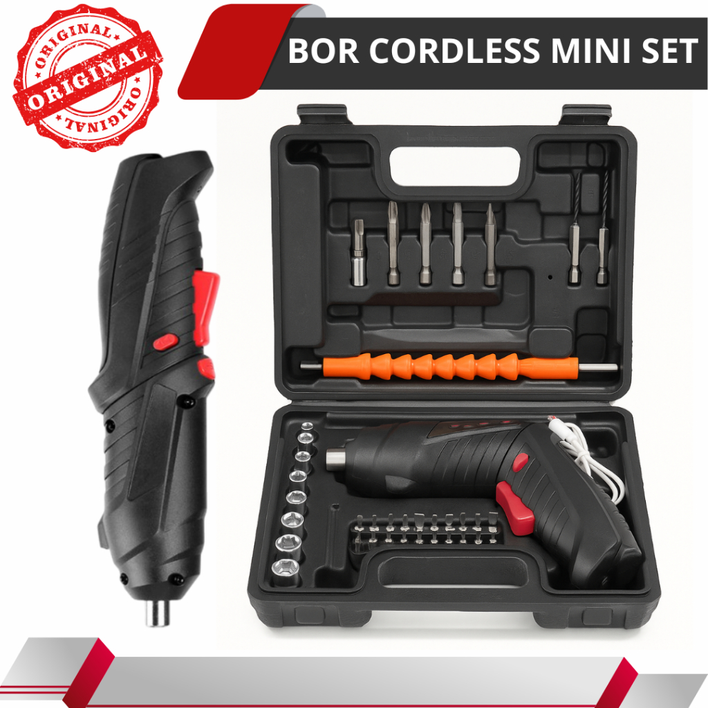 Bor Obeng Elektrik Set KOMPLIT 48 Pcs Cordless Screwdriver Charger Bor Mini Baterai Tanpa Kabel