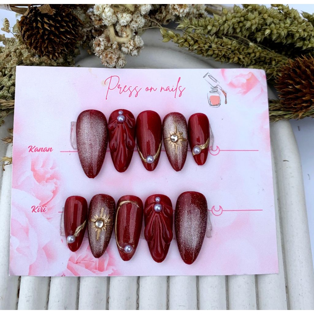 kuku palsu/fake nails art cat eye maroon 3D