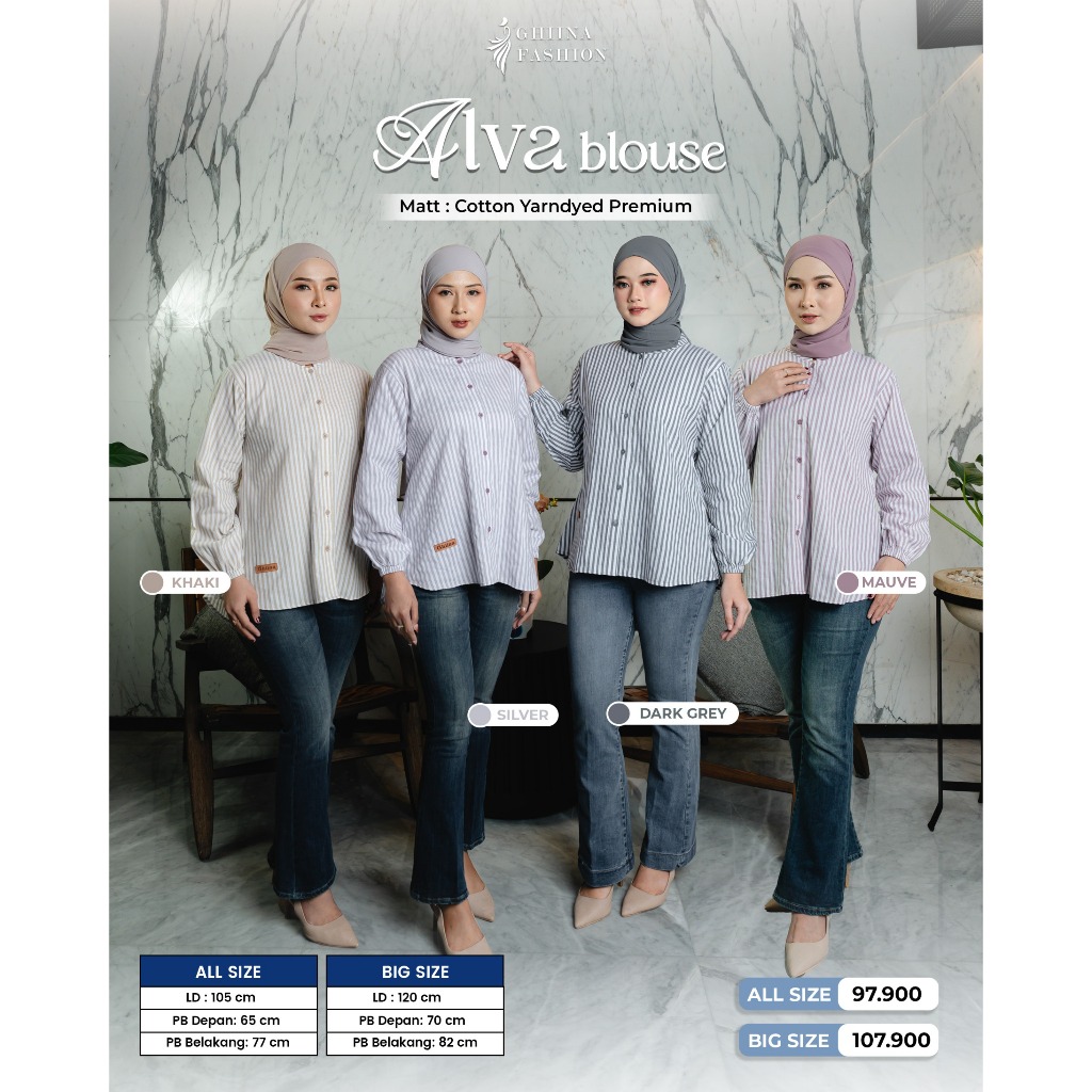 ALVA BLOUSE-NASHWA KEMEJA BY GHIINA - GHINA FASHION - BAHAN COTTON - SALUR GARIS GARIS BUSUI