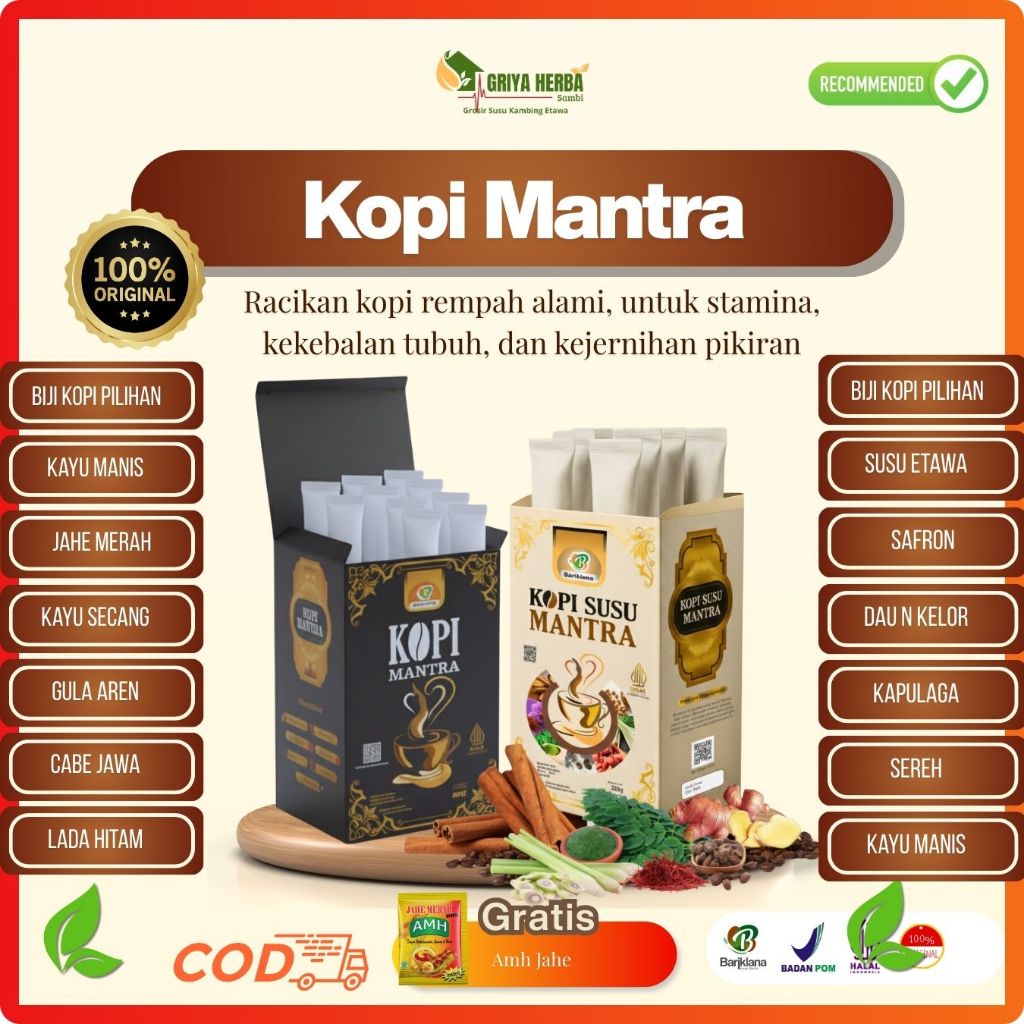 

Kopi Mantra Herbal Premium - Lada Hitam, Cabe Jawa, Jahe, Gula Aren - Halal & BPOM