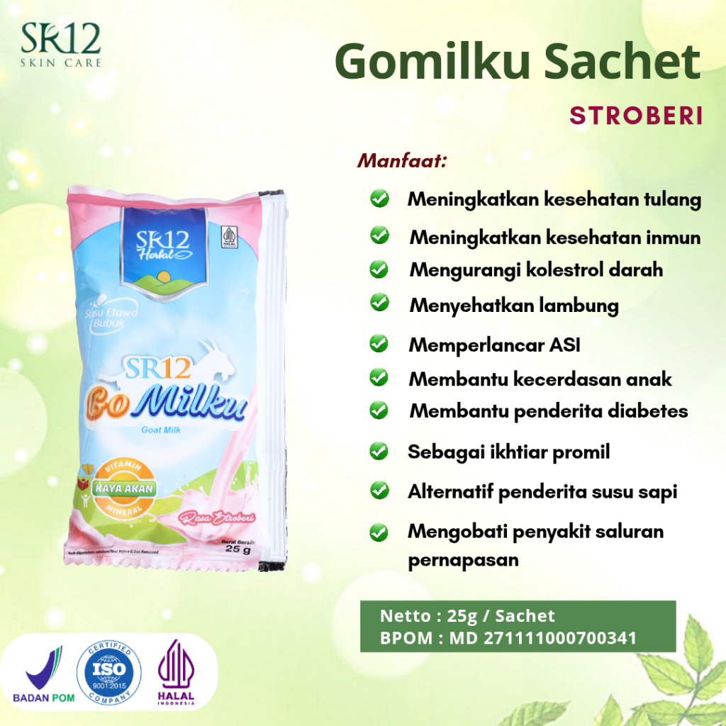 

Gomilku SR12 Sachet Rasa Stroberi 25g Susu Kambing Etawa Halal