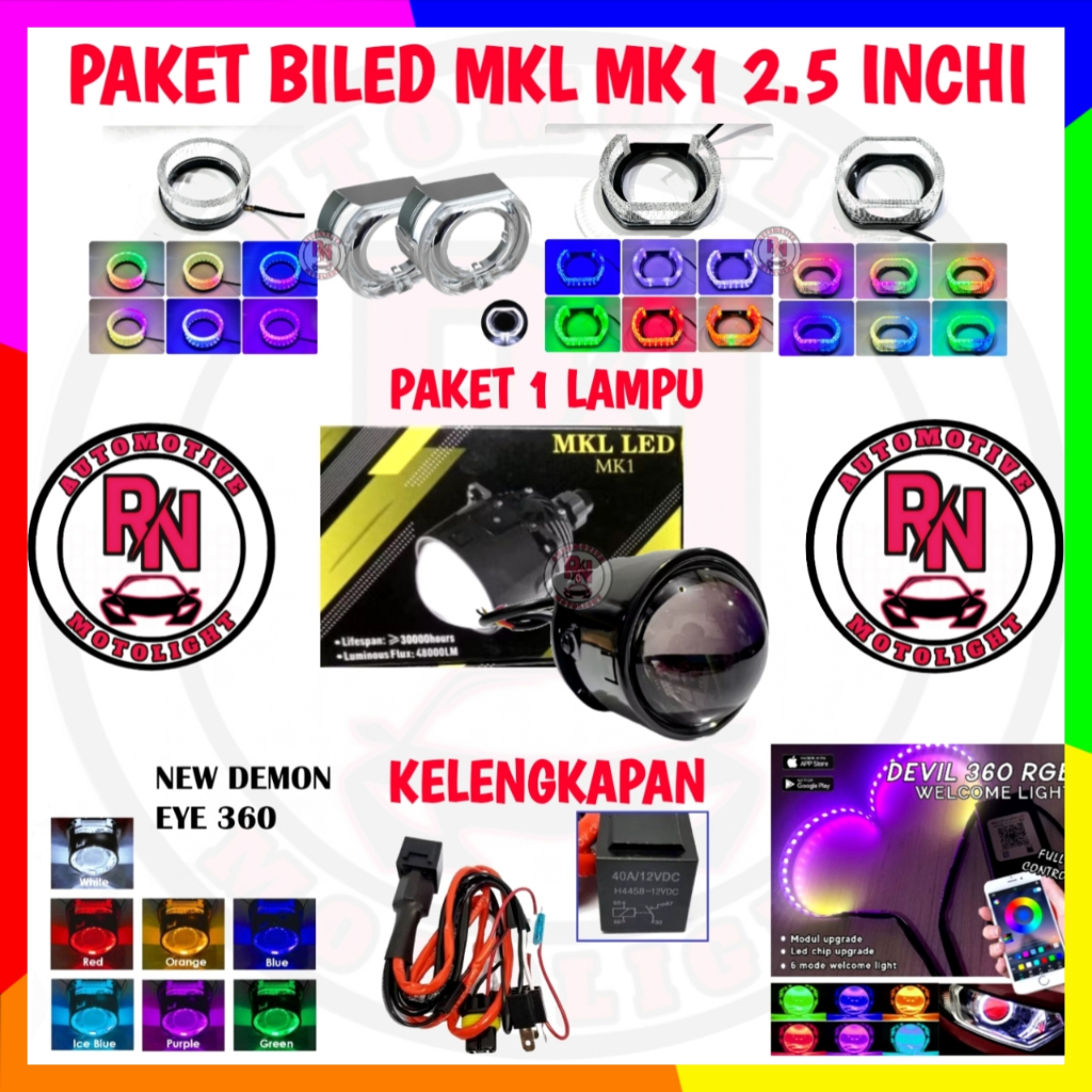 Paket Kombo Komplit Full Set 1 Lampu Projector BiLED 2.5 Inchi MKL MK1 Gen 2 + Shroud | untuk Motor