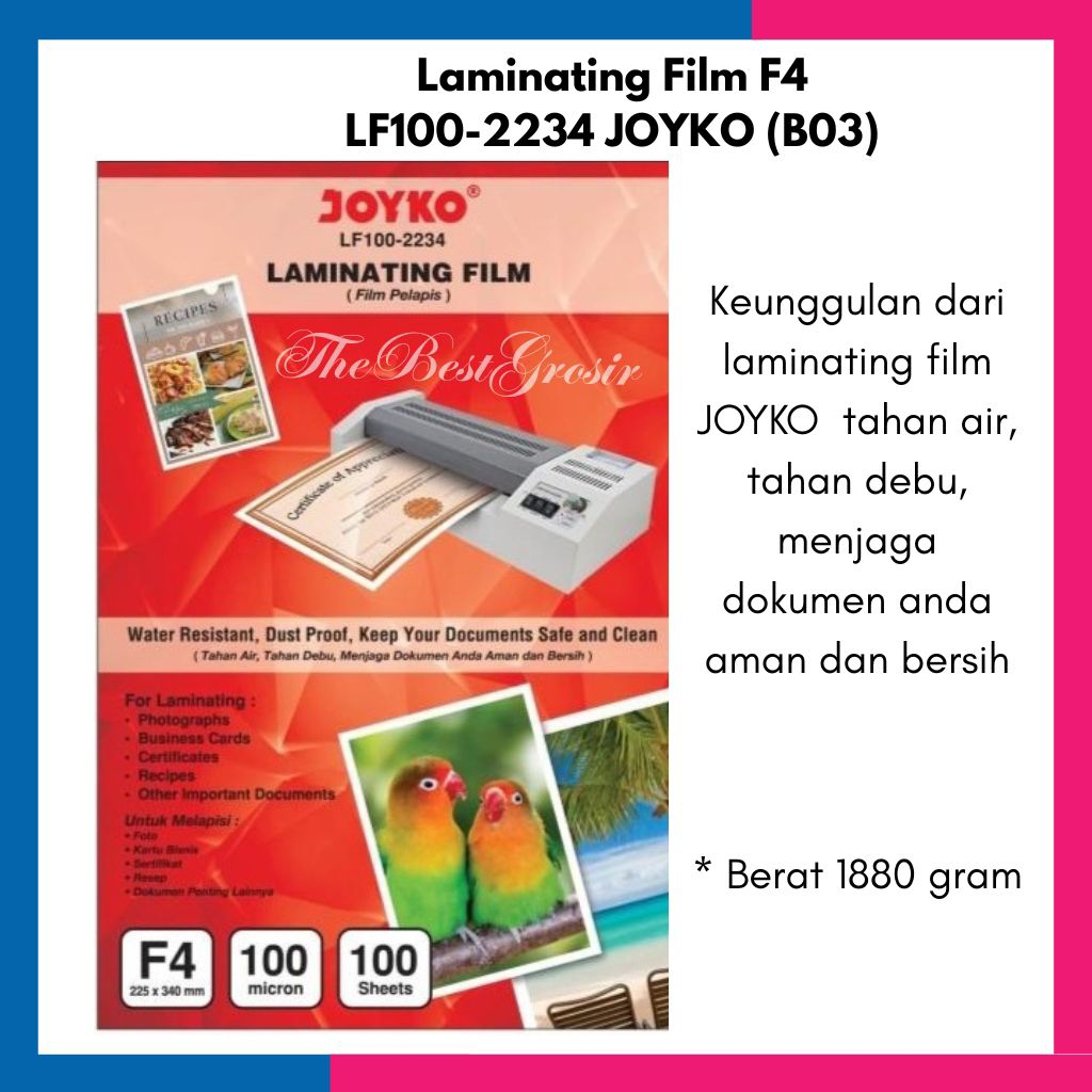 

B03 | 1 pack (100 lembar) LAMINATING FILM F4 LF100-2234 JOYKO / PLASTIK LAMINATING JOYKO / LAMINATING FILM / PLASTIK LAMINATING F4