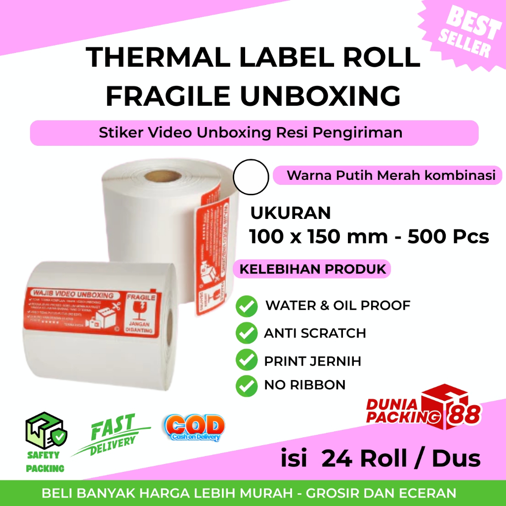

Label Thermal 100x150 mm Isi 500 Pcs Stiker Video Unboxing Resi Pengiriman A6 [Dunia Packing88]