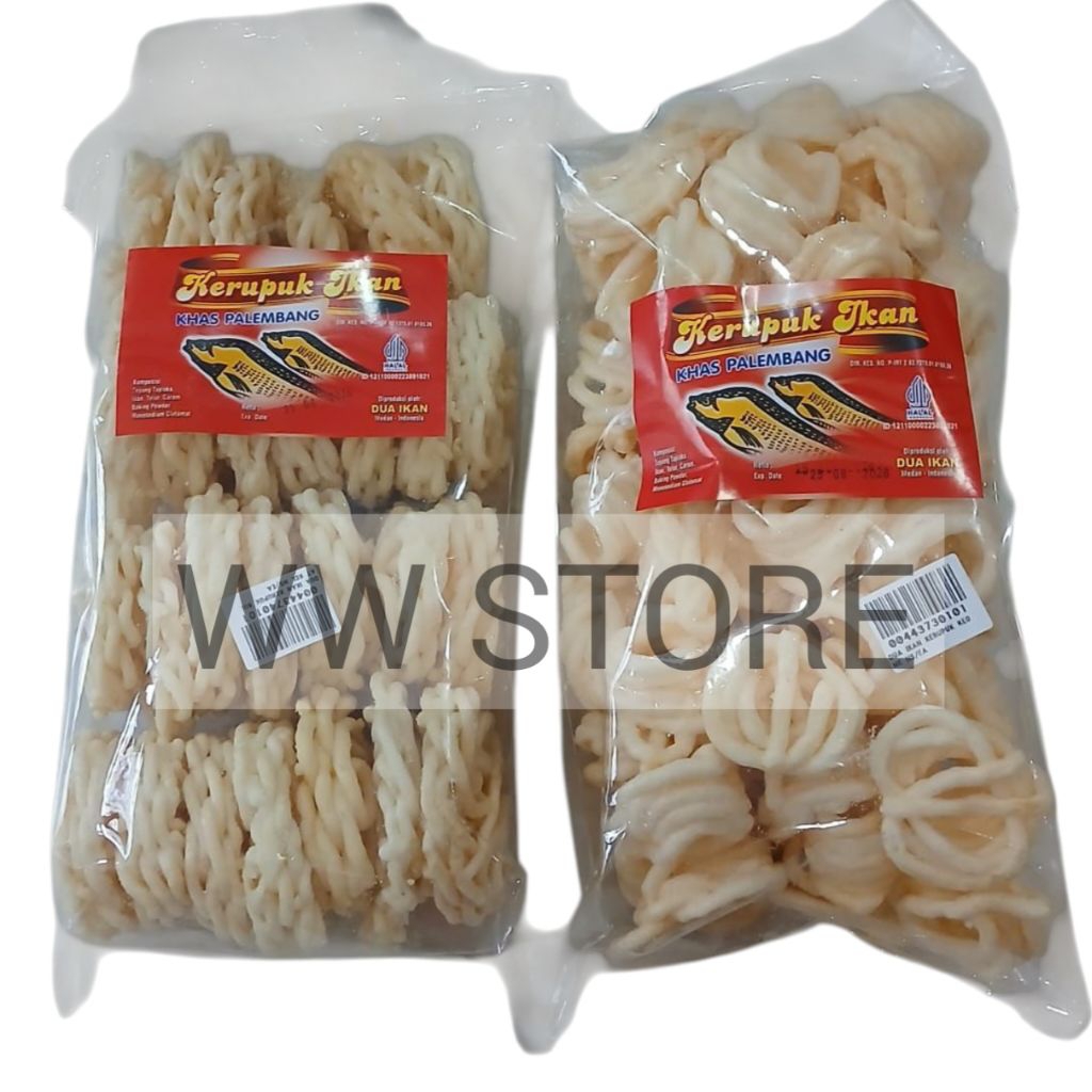 

Cemilan snek makanan ringan kerupuk krupuk ikan bentuk mawar bulat keriting keong khas Palembang halal MUI cap DUA IKAN