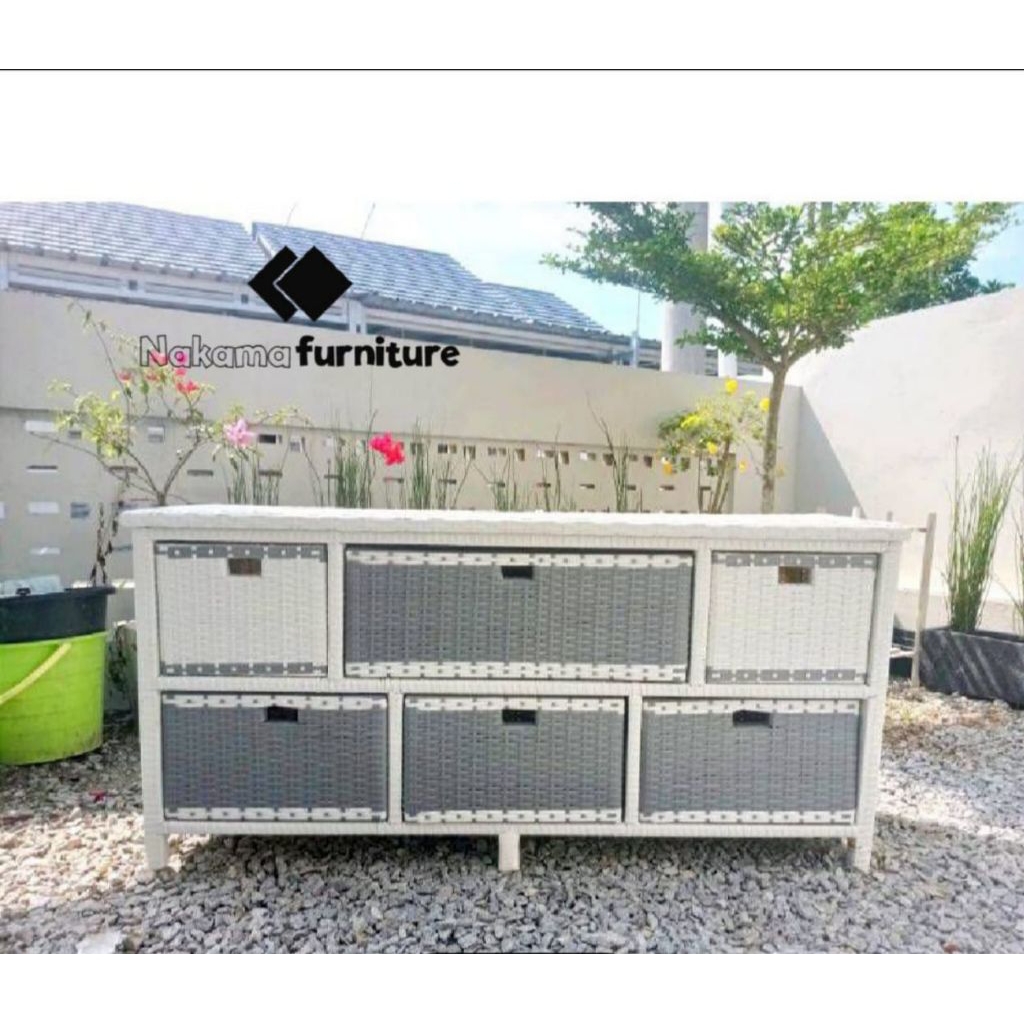 Lemari rotan sintetis laci 6 meja tv rak susun