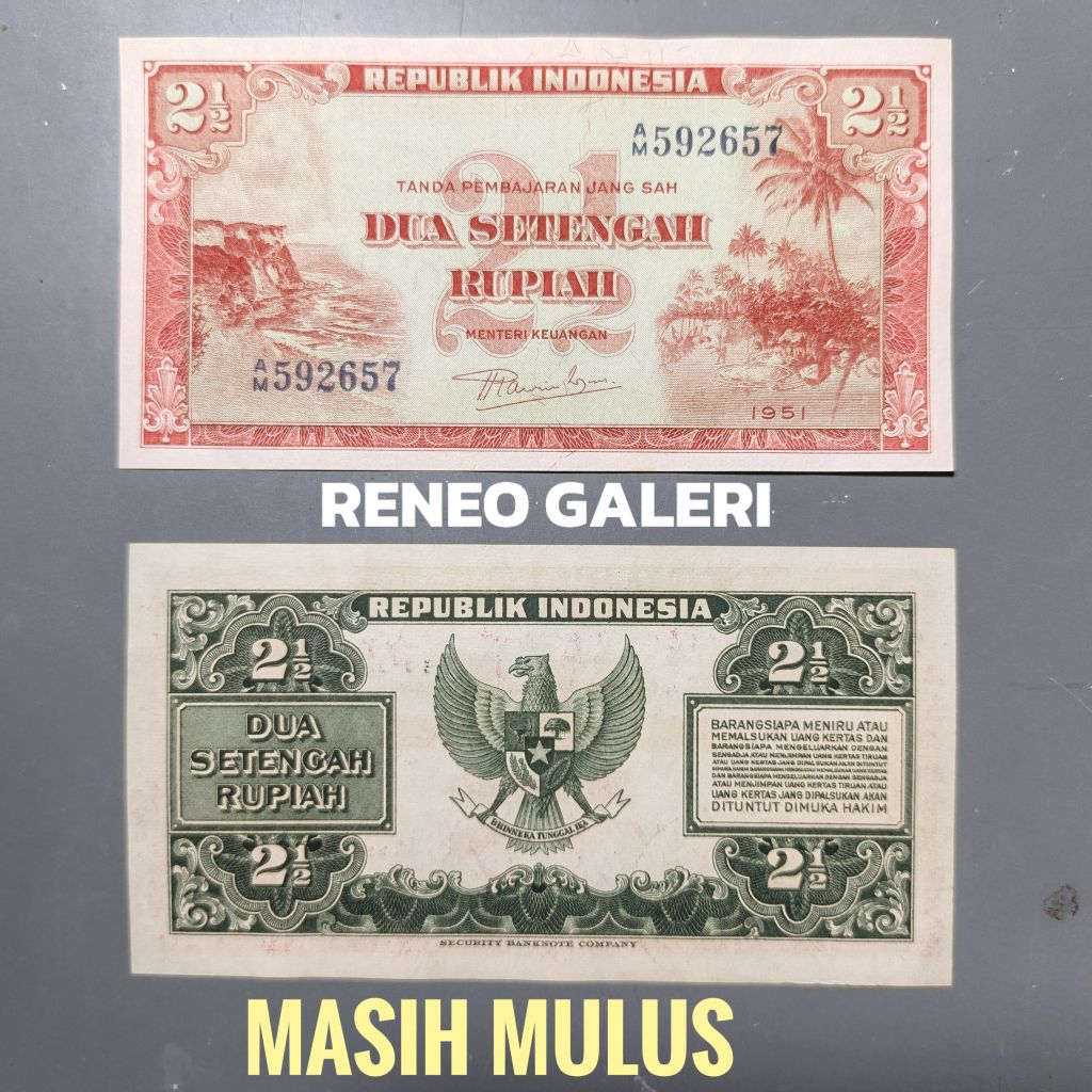 Mulus 2½ Rupiah Tahun 1951 1953 Seri Pemandangan alam Uang kertas kuno Rp 2,5 1/2 setengah duit jadu