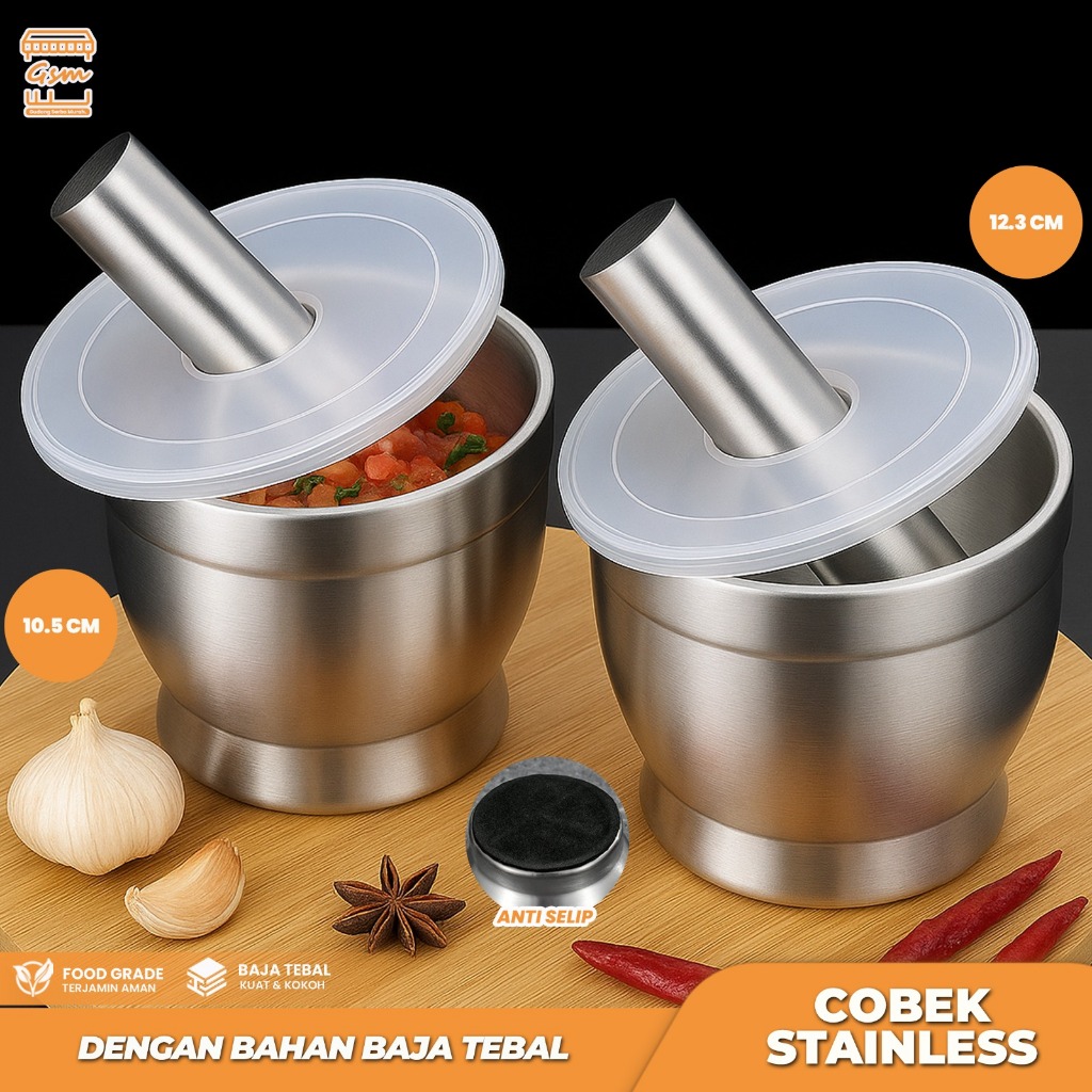 GSM Cobek Stainless / ulekan Stainless / Tumbukan Bumbu Dapur Dengan Tutup/Mortar Pestle Tumbukan Bu