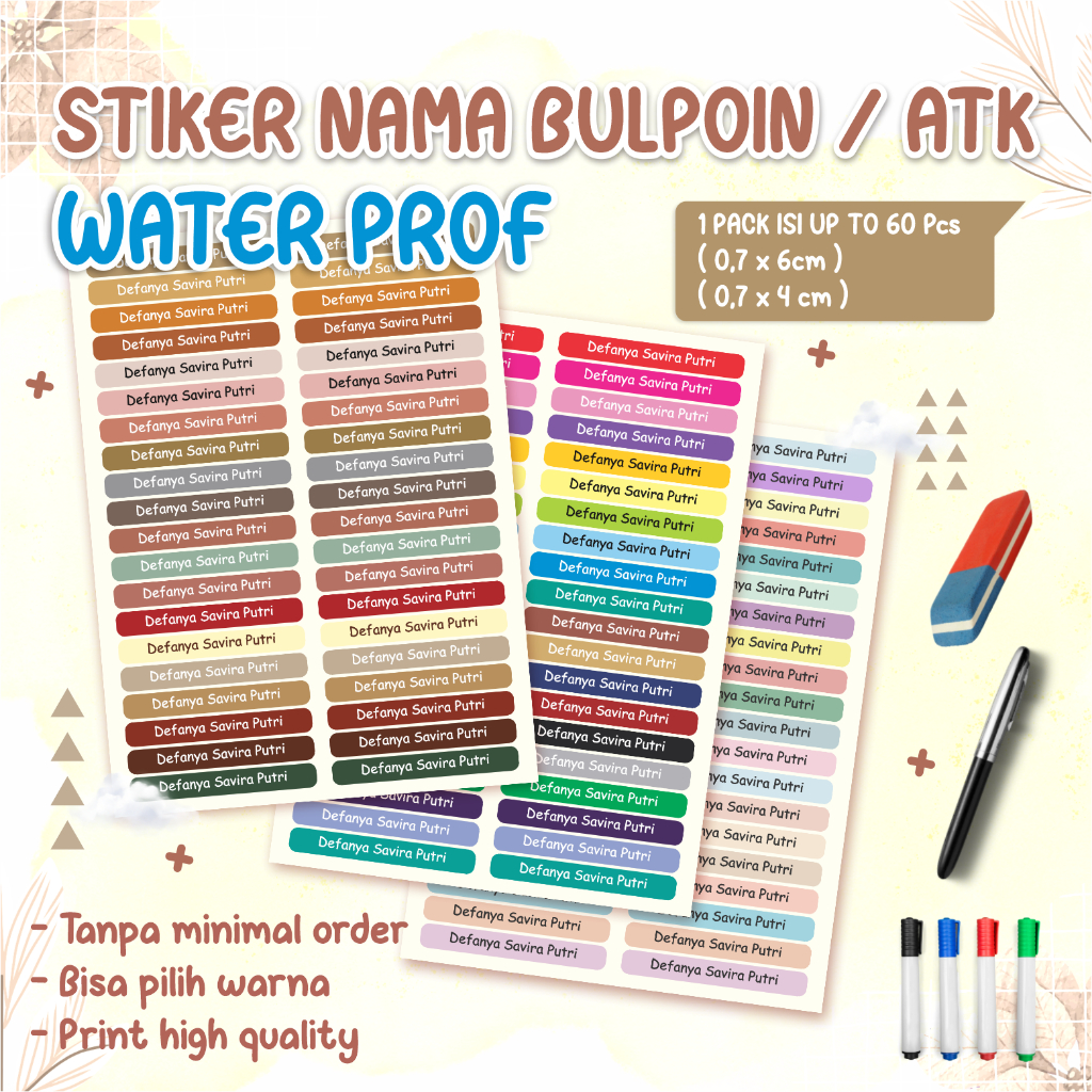 

Stiker Nama Bolpoin Glossy Water Proff ( Tahan Air ) Custom 60pcs