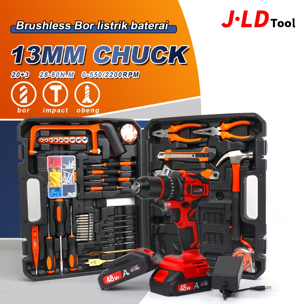 JLD Bor Listrik Baterai 48VF 13MM Chuck 28-80NM 20+3 Kecepatan 0-550/2200RPM Bor Impact Obeng Set Le