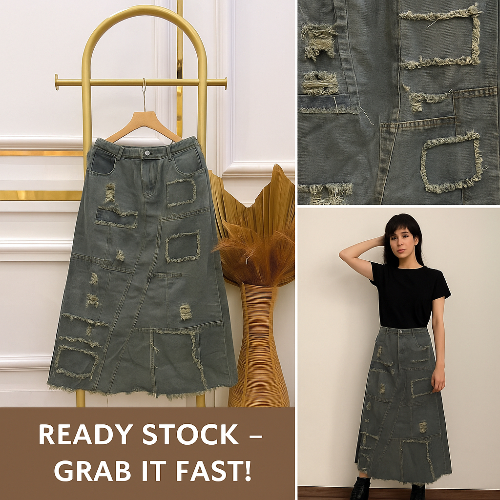 Rok Jeans Sobek Wanita Import Premium – Rok Panjang Denim A-Line Trendy Sobek Tidak Tembus