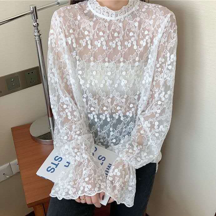 Blouse Wanita Lengan Panjang Transparan Brokat Bunga Elegan Korea Fashion