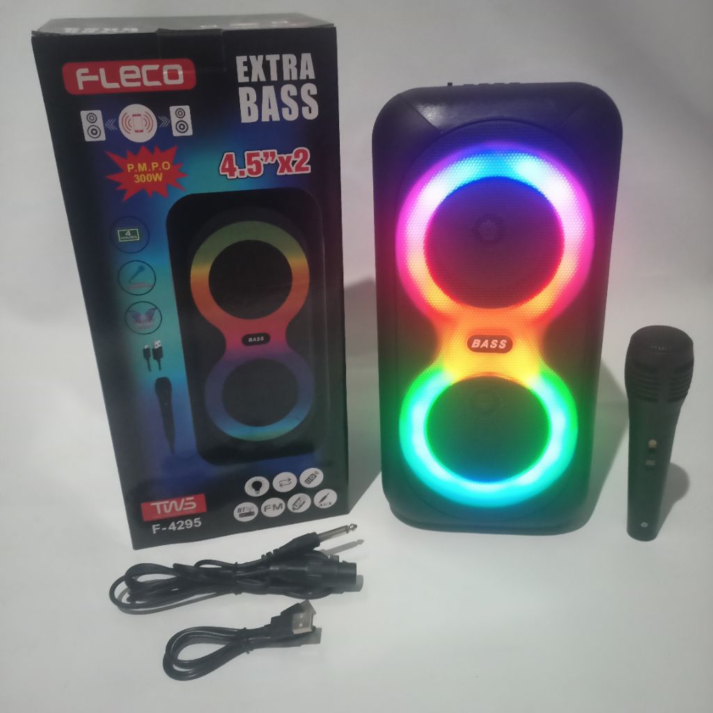 Speaker Bluetooth Fleco F-4295 Bonus Mikrofon Karaoke Wireless FM Radio Kartu Memori USB AUX LED Cha