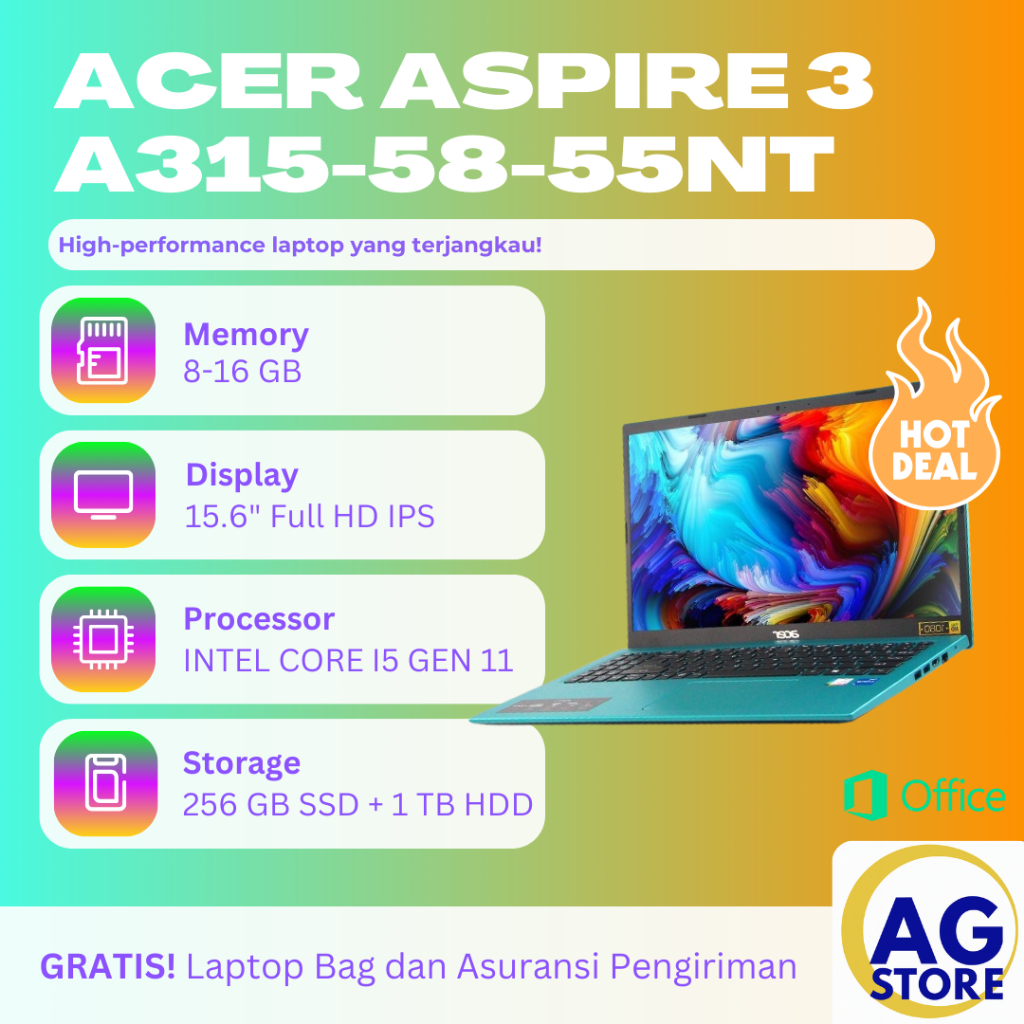 Laptop Acer Aspire 3 A315 - 55NT Core i5 - 1135G7 Ram 8GB SSD 256GB 15.6" FHD - Laptop Acer Core i5