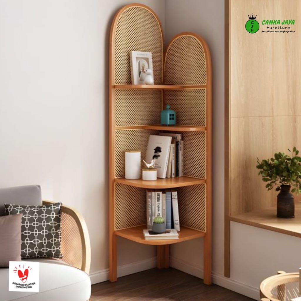 CANKA - Rak Sudut Pojok Pajangan Kayu Jati Mix Rotan Ruang Tamu Minimalis Murah