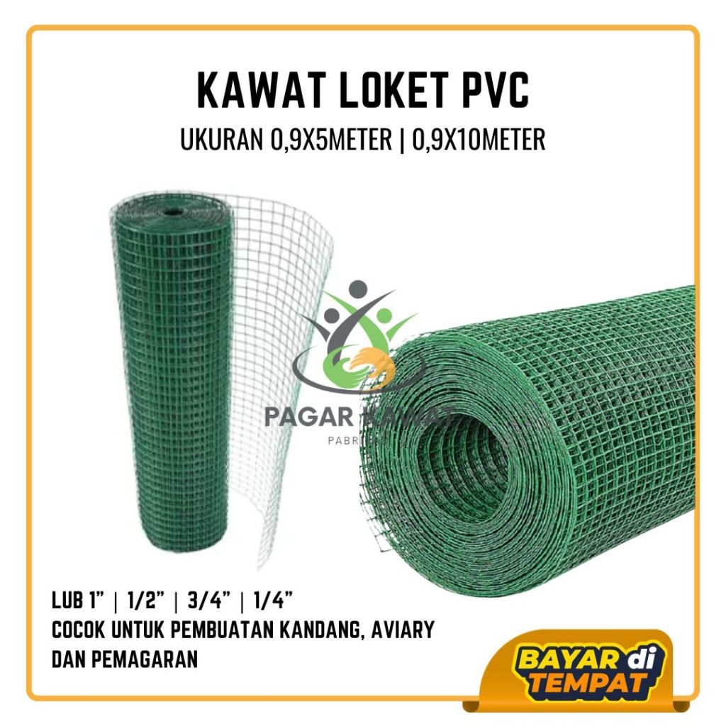 Kawat Loket PVC Coating Anti Pecah 0,9x5m & 0,9x10m | Tebal 1mm | Lubang 1", 1/2", 1/4", 3/4" | Kawa