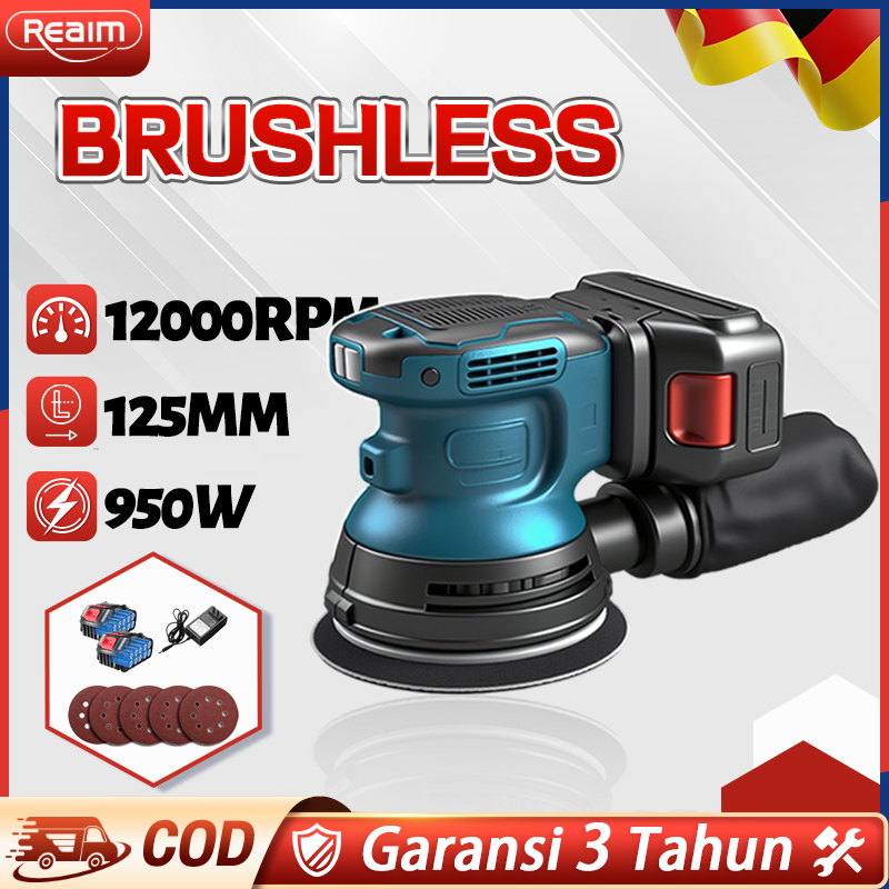 REAIM Brushless Mesin Amplas Cordless Sander Elektrik Sander Amplas Kayu Motor Tembaga Tembok Dempul