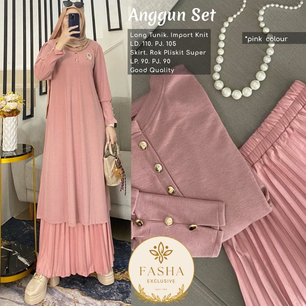 ANGGUN SETELAN LONG TUNIK KNIT ROK PLISKET HALUS PREMIUM by FASHA