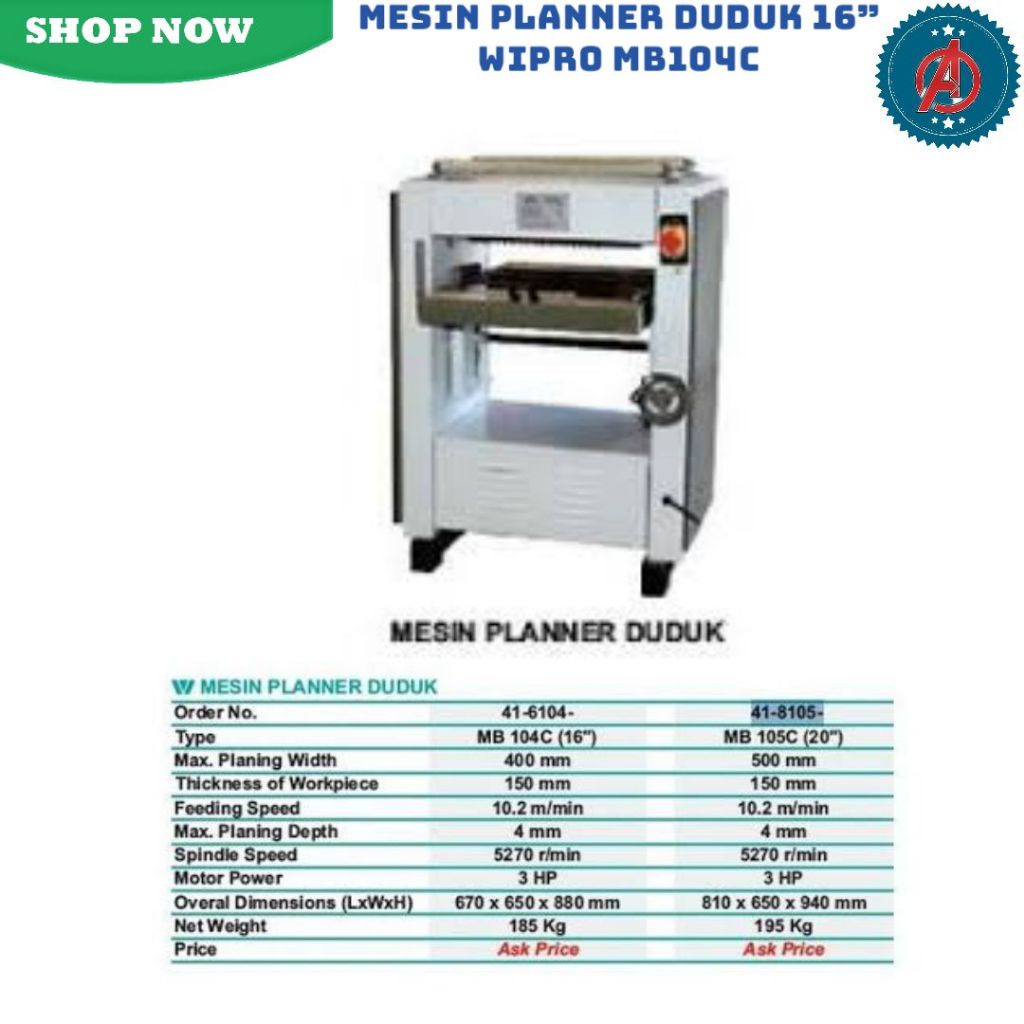Mesin Planner Duduk 16" Wipro MB 104 C / Mesin Meja Planner Pasah Serut Kayu 16 Inch Wipro MB104C.