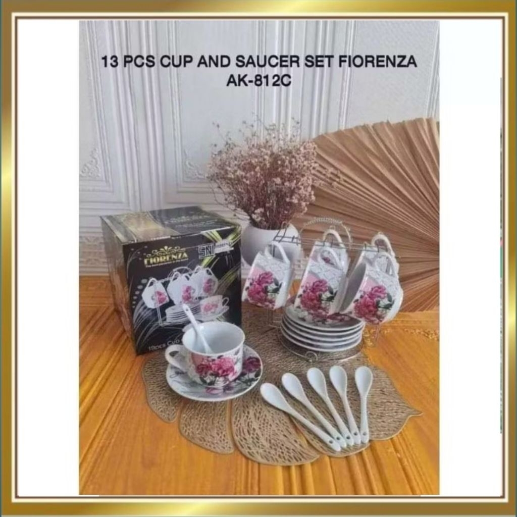 Fiorenza 13 Pcs Tea Cup & Saucer Set AK-812C - Set Cangkir Teh Kopi Motif Vintage Bunga - Premium Qu