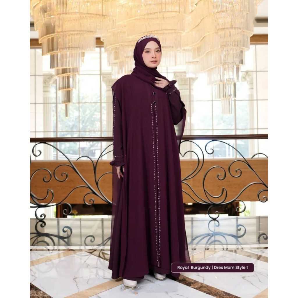 Gamis Abaya Muslim Modern Burgundy Abaya Outer Payet Wanita Panjang Zipper Ceruti Kekinian Shafina