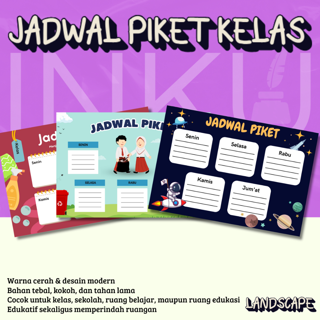 

Poster Jadwal Piket Kelas Landscape – Bisa Custom Nama/Teks Full Color Premium