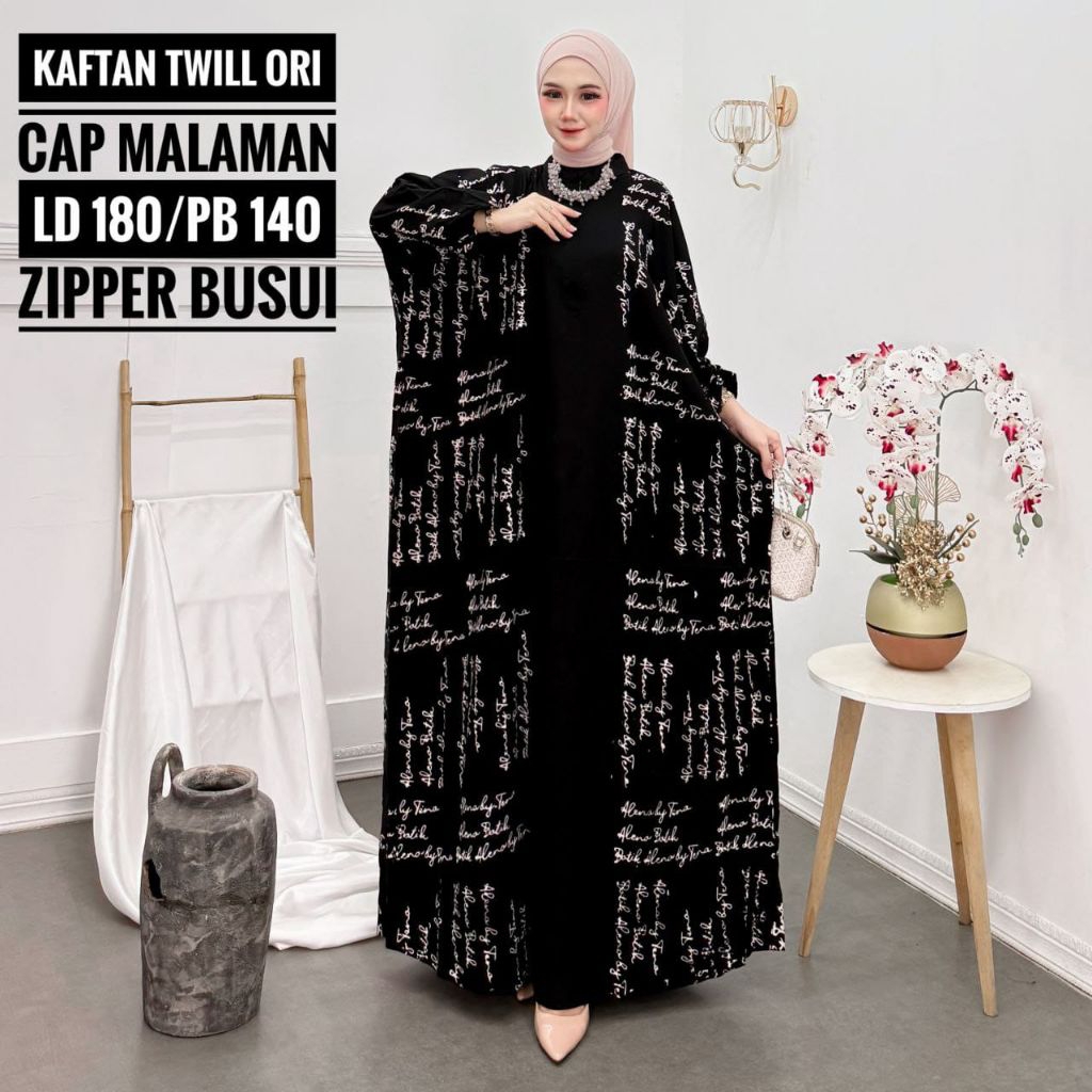 Gamis Kaftan Twill Ori Premium – Baju Muslim Wanita Jumbo Busui Zipper Depan Kantong Samping All Siz