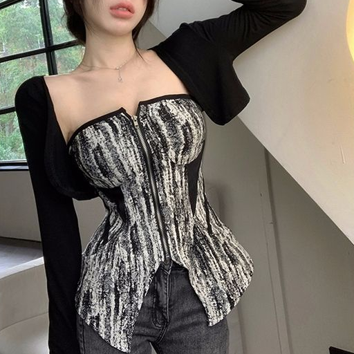 American retro high-end small dress chic top sweet and spicy black chic tube top + shawl suit female