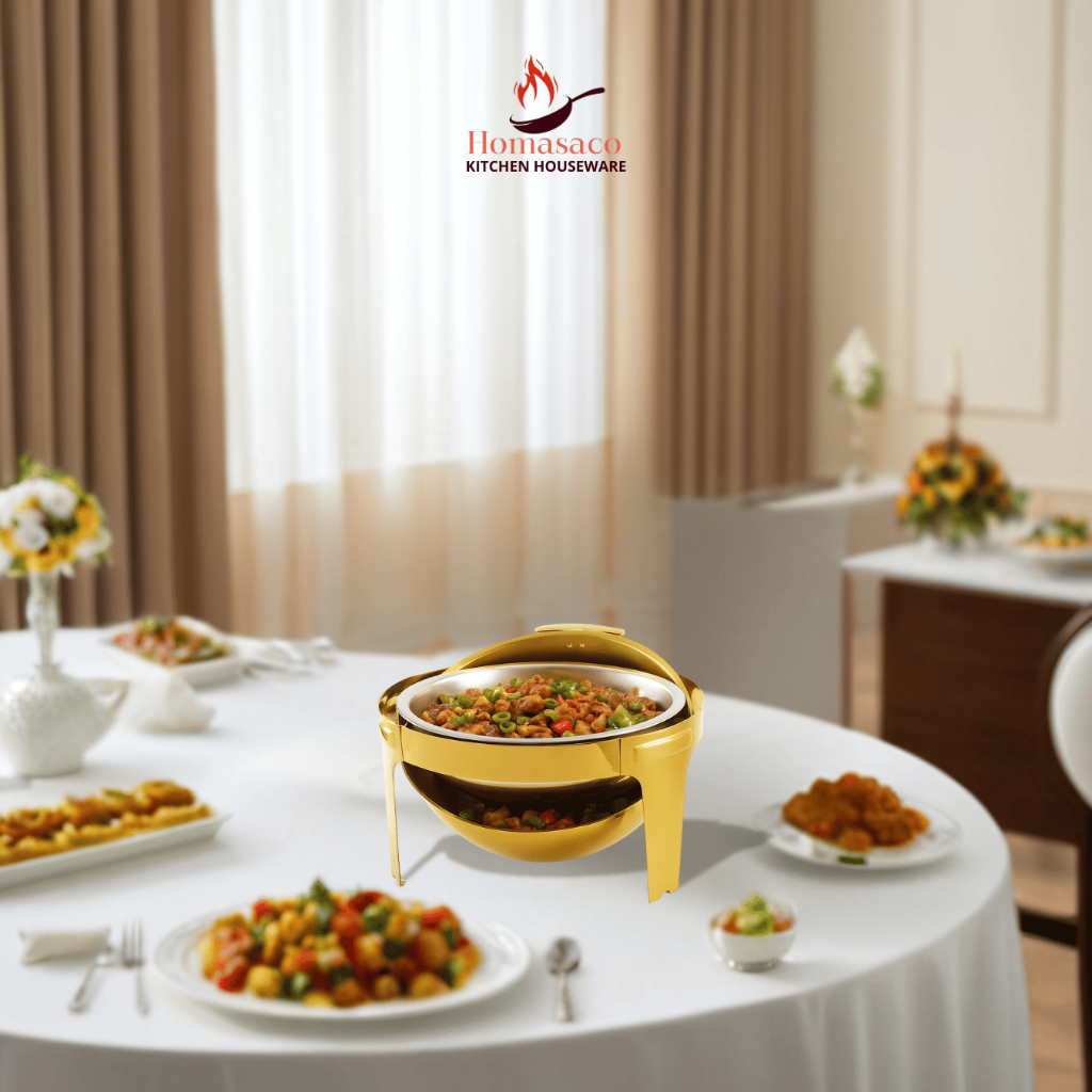 HOMASACO CHAFING DISH ROUND WINDOW TOP Prasmanan Bulat Ukuran 6,8L Gold