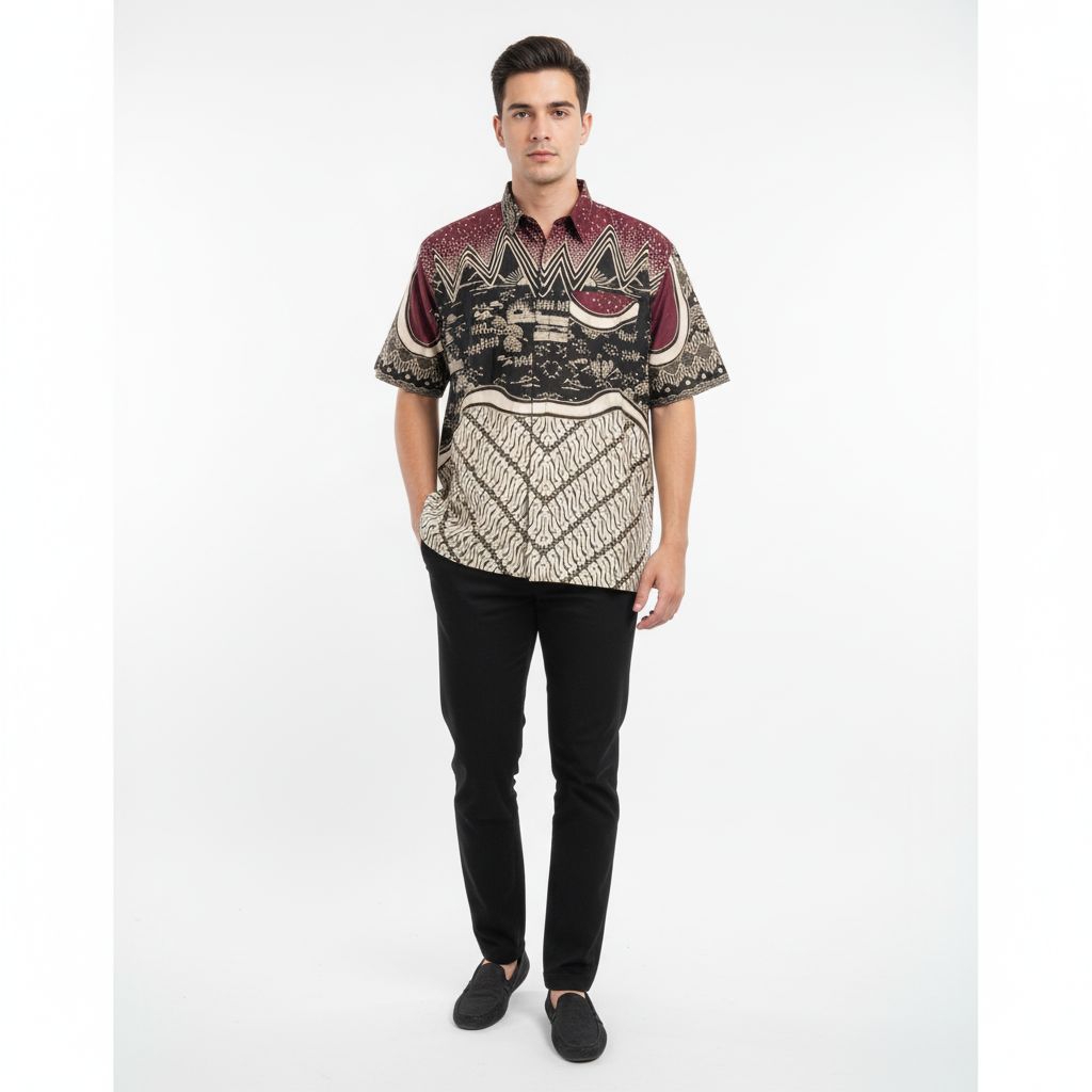 Batik Pria Lengan Pendek Burgandi Katun HM1855 | Baju Batik Cowok Seragam Pesta Pernikahan, Kantor, 