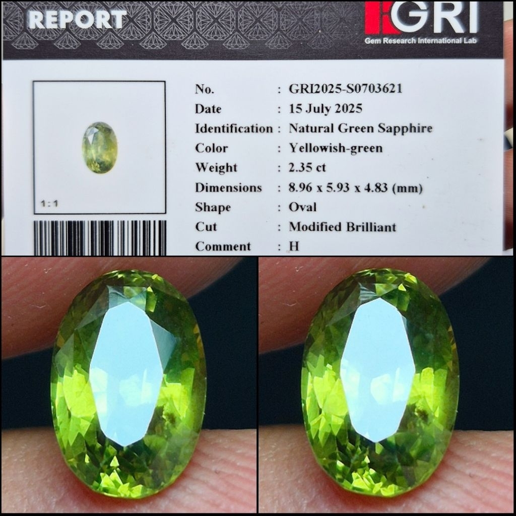 Vivid Green Sapphire 2.35 crt Natural Yellowish Green Color Top Kristal Memo GRI