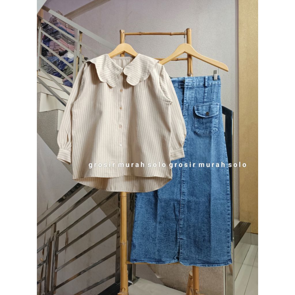 Setelan Wanita Belvita Atasan Salur + Rok Span Jeans Terbaru