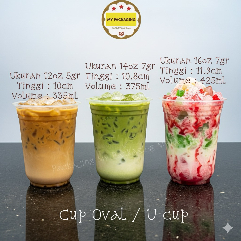 50 Buah Cup Es Boba / Gelas Plastik Oval U 12oz 14oz 16oz 22oz TEBAL 7gr isi 50pcs. Gelas Cup Kopi J
