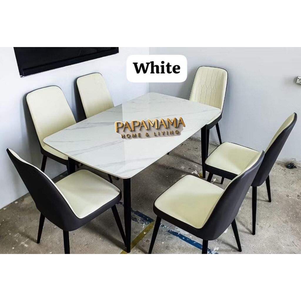 Set Meja Makan Granit Import 6 Kursi - Meja Makan Minimalis Rangka Besi Jok Kulit - Meja Makan Minim
