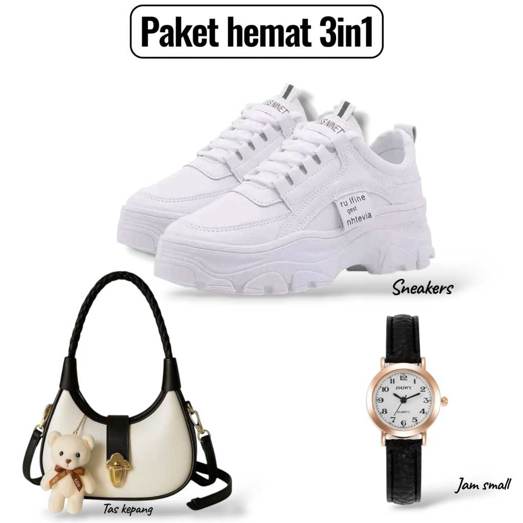 paket hemat 3set sepatu wanita sneakers s15+jam tangan+tas slempang bonpita plus boneka