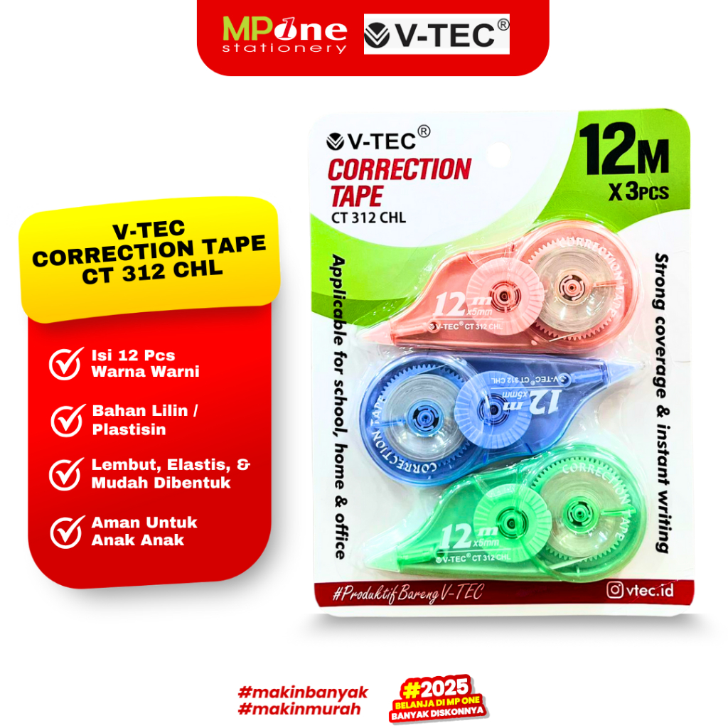 

V-TEC Correction Tapa Roll CT-312 Isi 3 Pcs / Tipe-x Kertas Pita Roll 12MM V-TEC