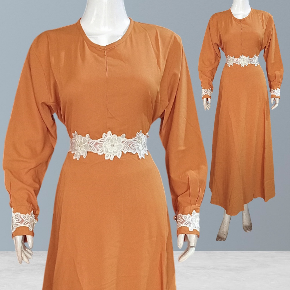 Gamis Nafisa Tori Belt Brokat Polos Lengan Kancing Jumbo LD 120 PB 139