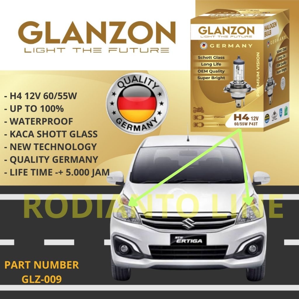 LAMPU HALOGEN MOBIL SUZUKI ERTIGA H4 12V GLANZON GERMANY ORIGINAL OEM - LAMPU HEADLAMP SUZUKI ERTIGA
