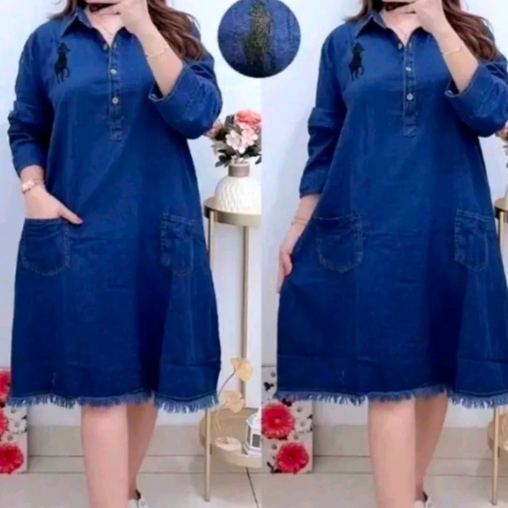 Dress Wanita Denim Jumbo / Tunik Jeans Lengan Panjang dan Pendek Bordil LD 120 Aksen Bordil Rawis