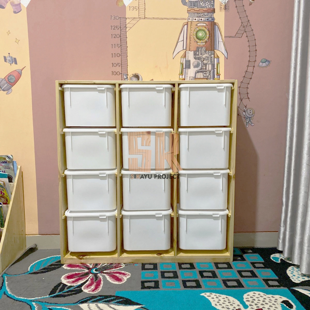 Rak Mainan Anak Minimalis 12 Box Polos - Rak Buku Trofast Minimalis Kayu Jati Anak Serbaguna /Rak Se