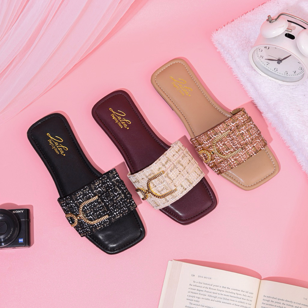 Zalsa Sandal Flat Wanita variasi Tweed Donna