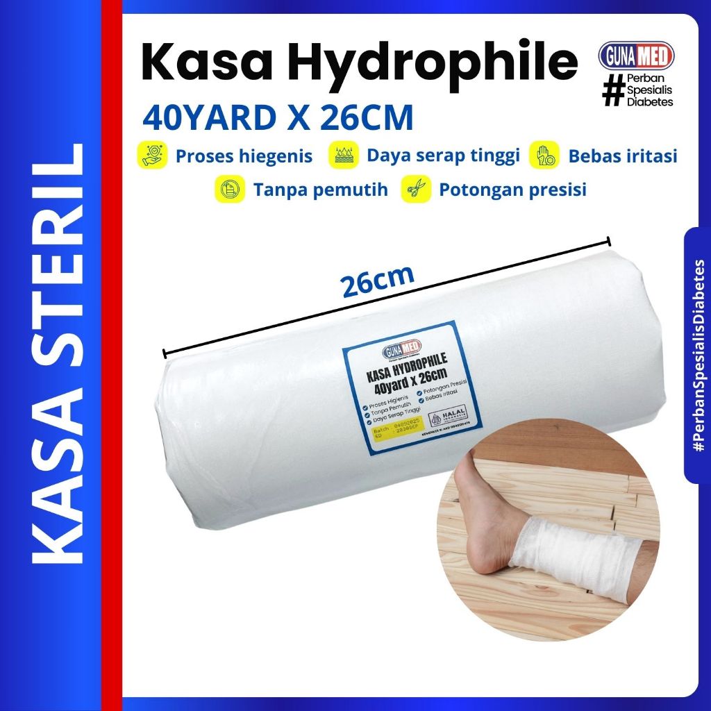 GUNAMED Kasa gulung kasa steril 26 cm x 40 yard / Perban diabetes / kasa hydrophile