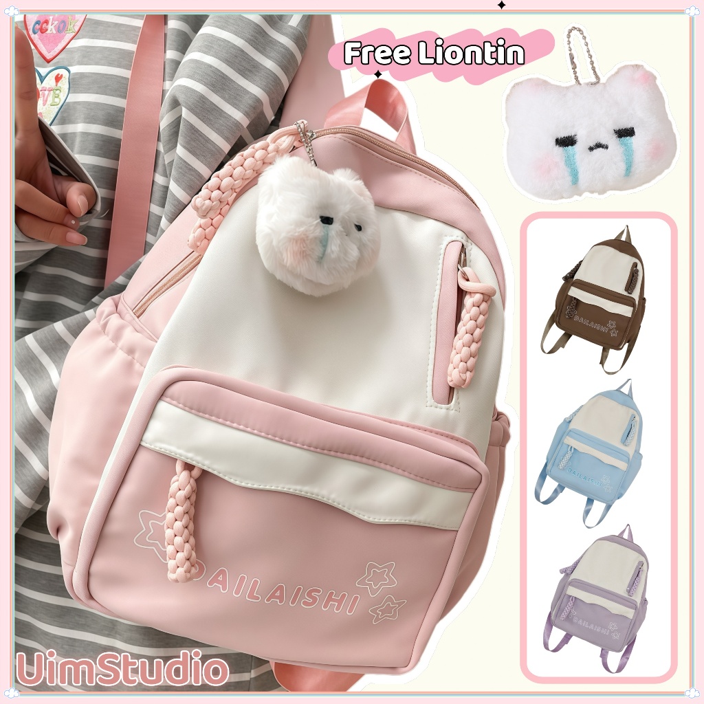 [Liontin Gratis ] Tas Sekolah Wanita Pink Ins/Lucu Warna Tabrakan Tas Sekolah/Anak Perempuan Smp Ran