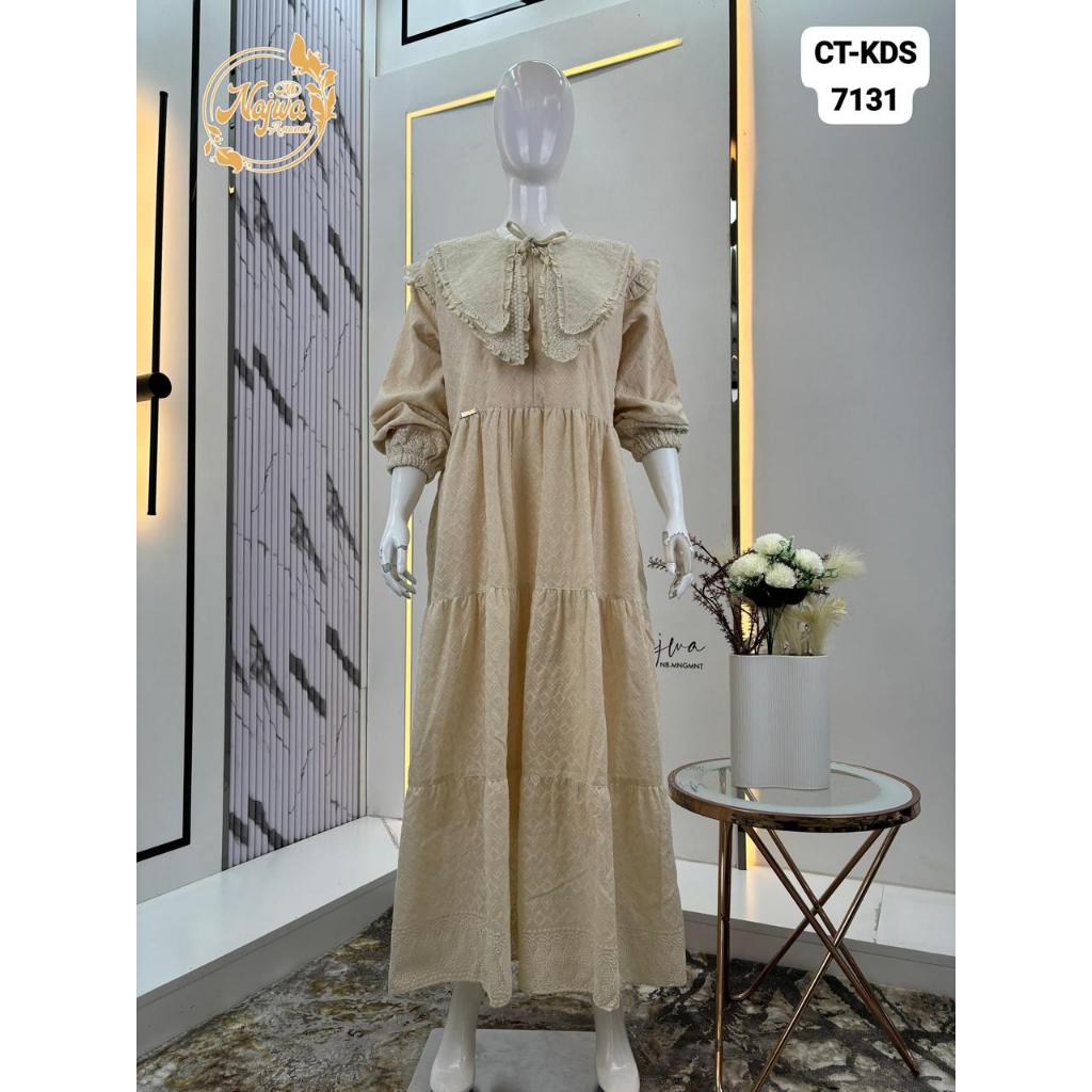 Najwa Midi Dress Wanita Katun Bordir Bolong dengan Kerah Juntai dan Puring By Najwa Balon Casual Jep