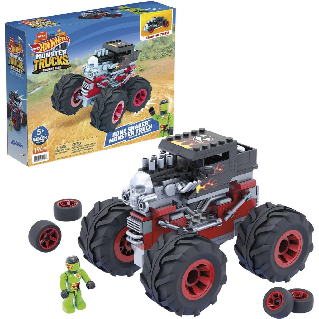 MEGA CONSTRUX HOT WHEELS MONSTER TRUCKS TOY CAR BUILDING SET, BONE SHAKER WITH 194 PIECES, 1 MICRO