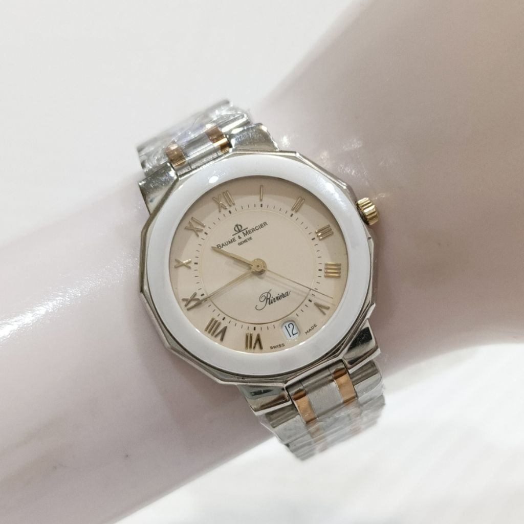 Jam Tangan Baume & Mercier Riviera Ceramic Bezel Quartz Watch Baterai Wanita Mewah Formal Original