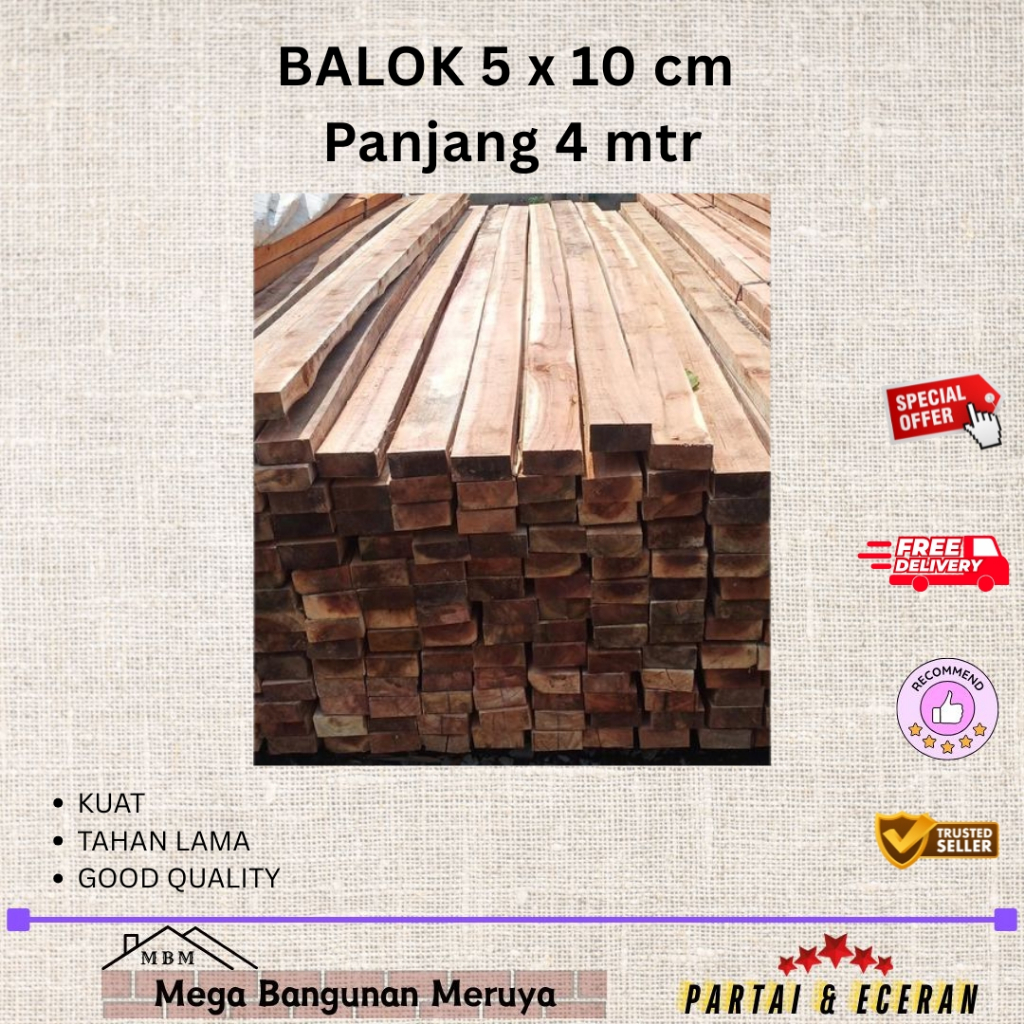 BALOK KAYU 5 x 10 PANJANG 4 METER PER BATANG